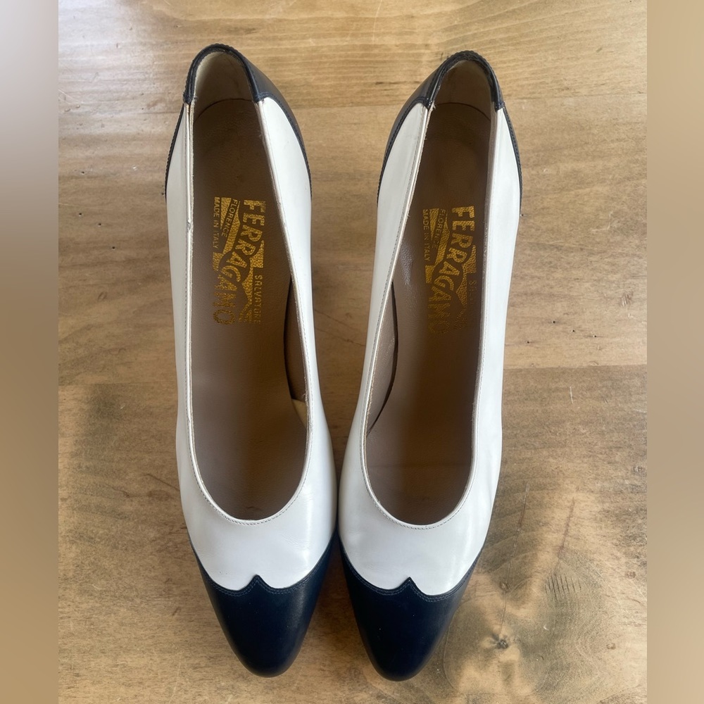 Ferragamo navy and white spectator shoes